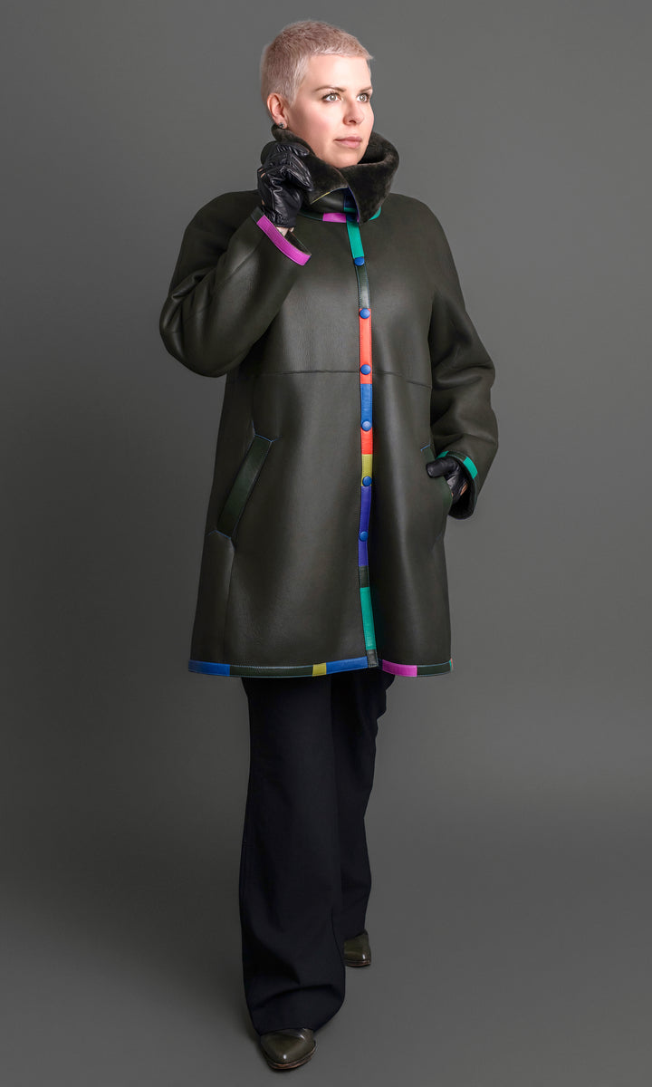 Sage Shearling Trapeze Coat with Color Trim – Toshiki and Maryszka