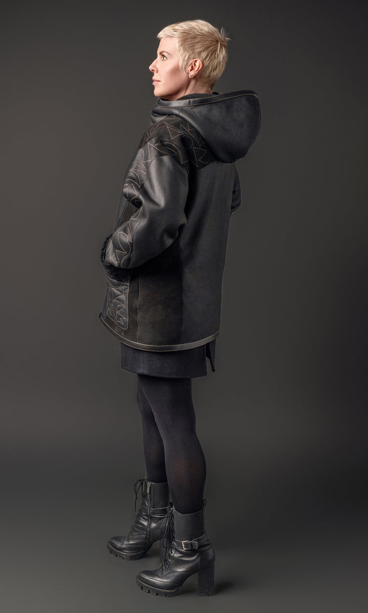 Black Merino Shearling Zip Jacket Stitch Detail – Toshiki and Maryszka