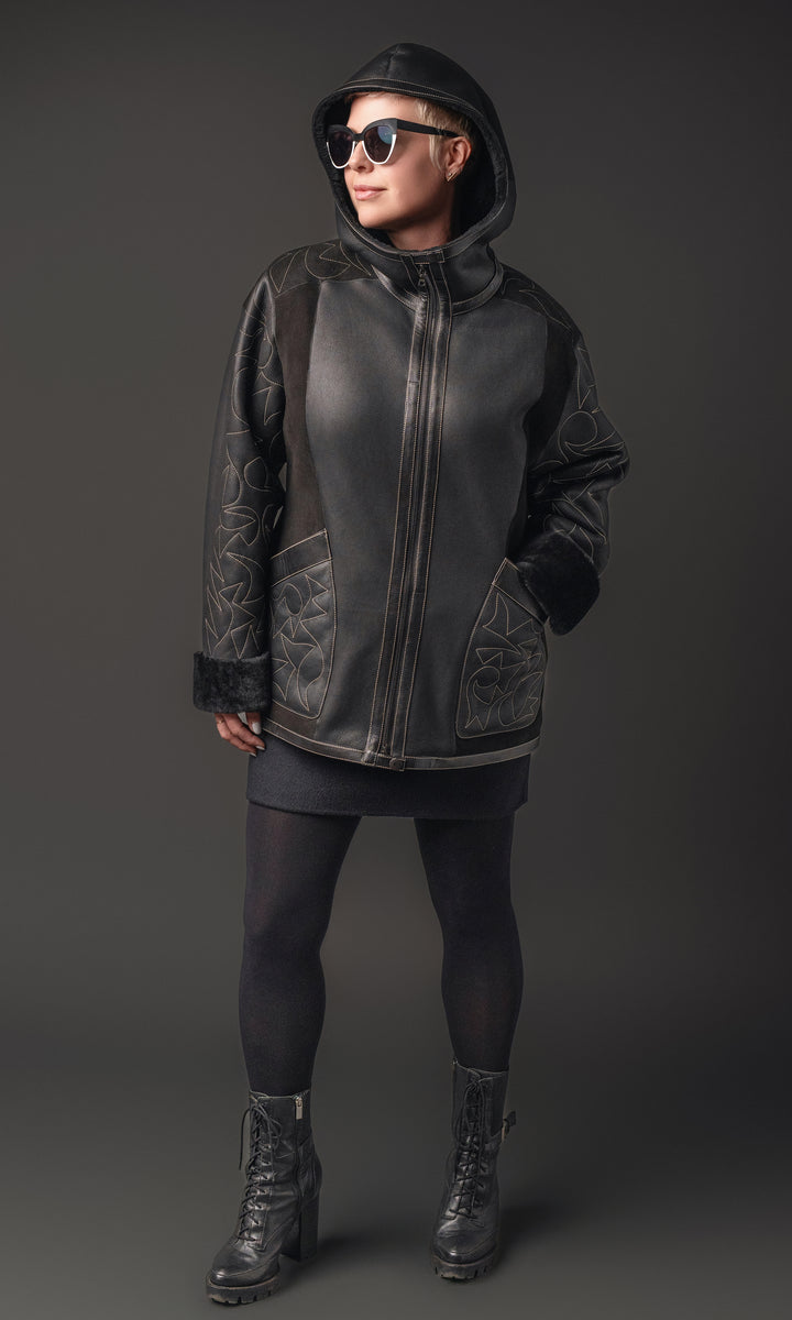 Black Merino Shearling Zip Jacket Stitch Detail – Toshiki and Maryszka