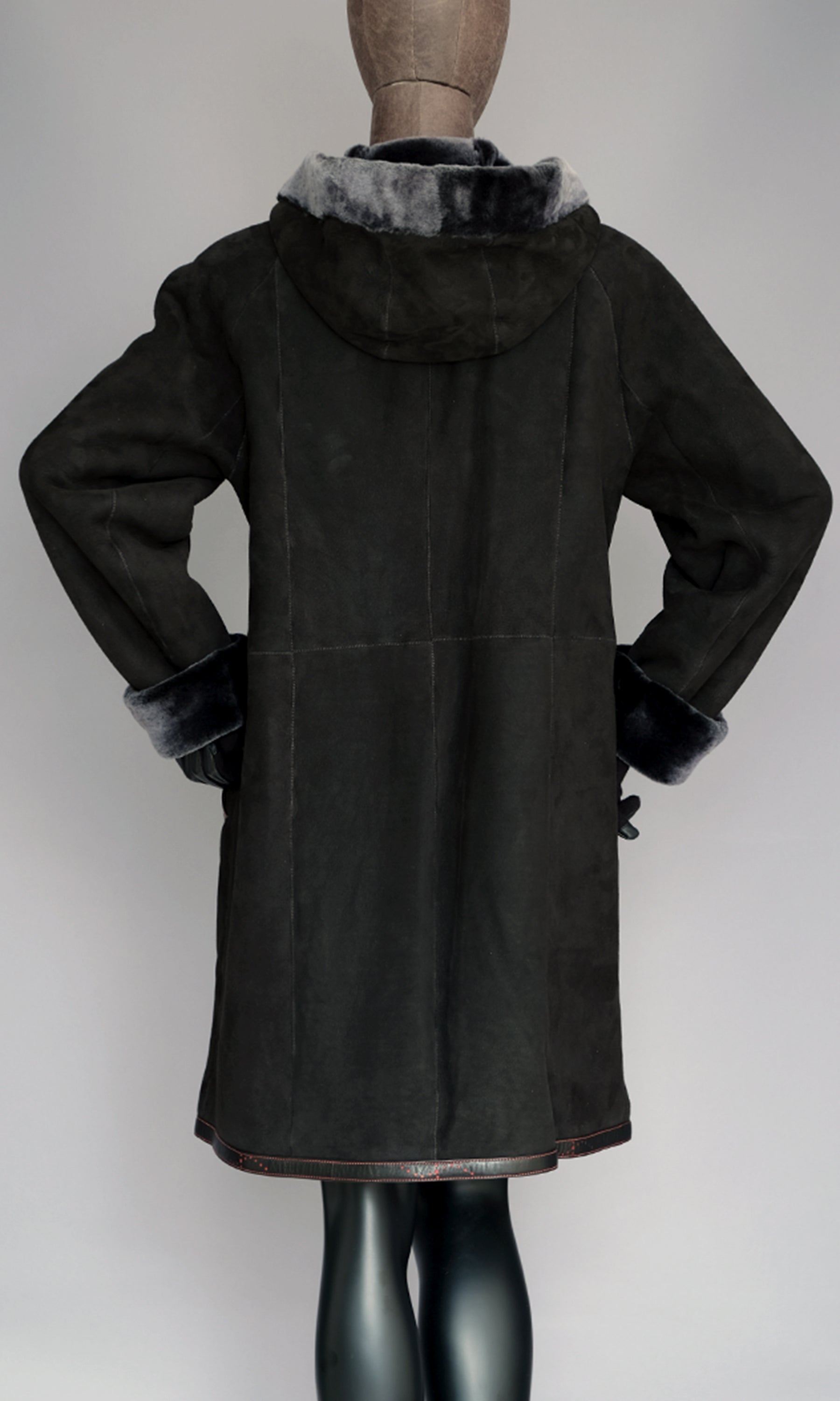 Black Suede Shearling Coat with Hood size medium 10