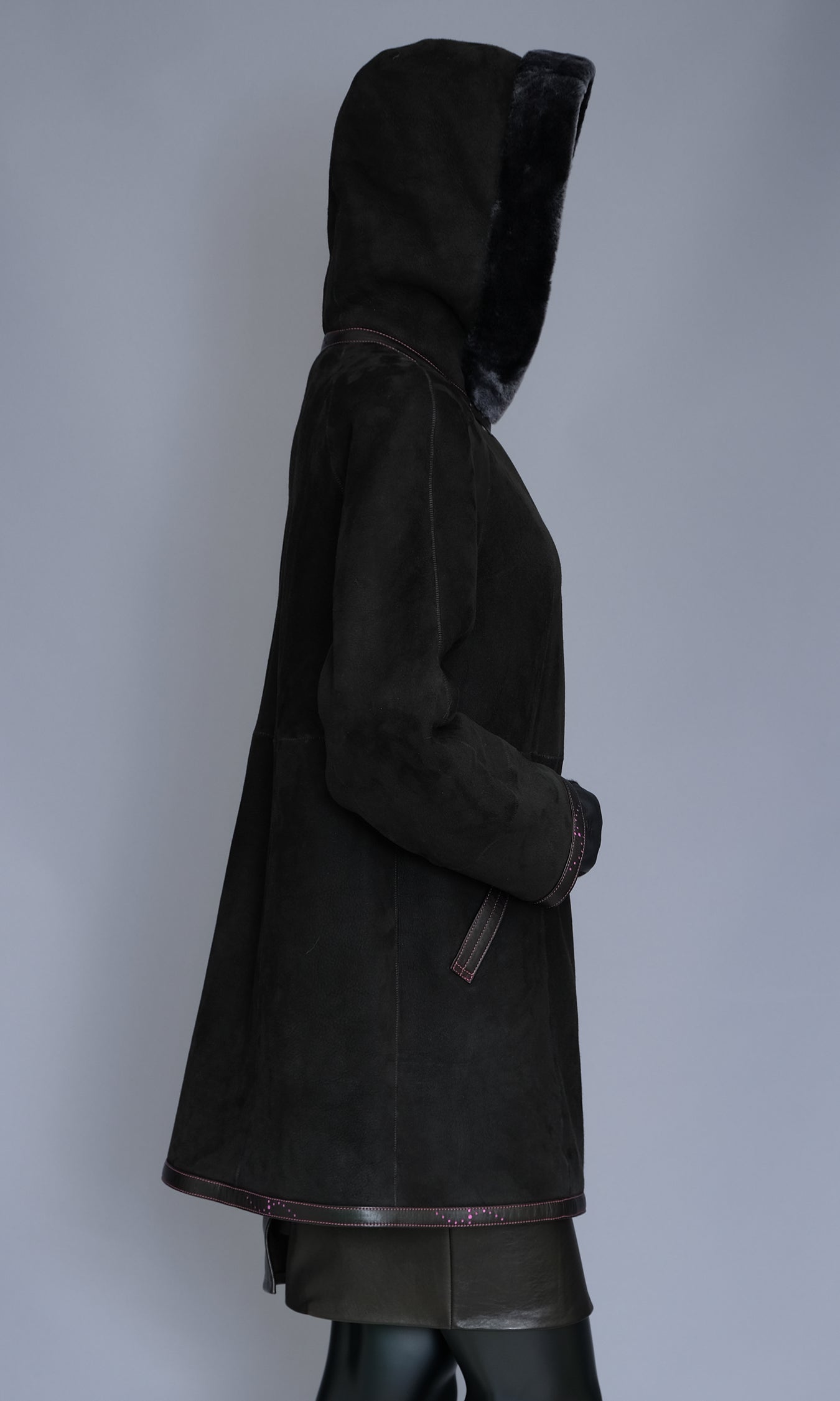 Black Shearling Coat Jacket with Hood