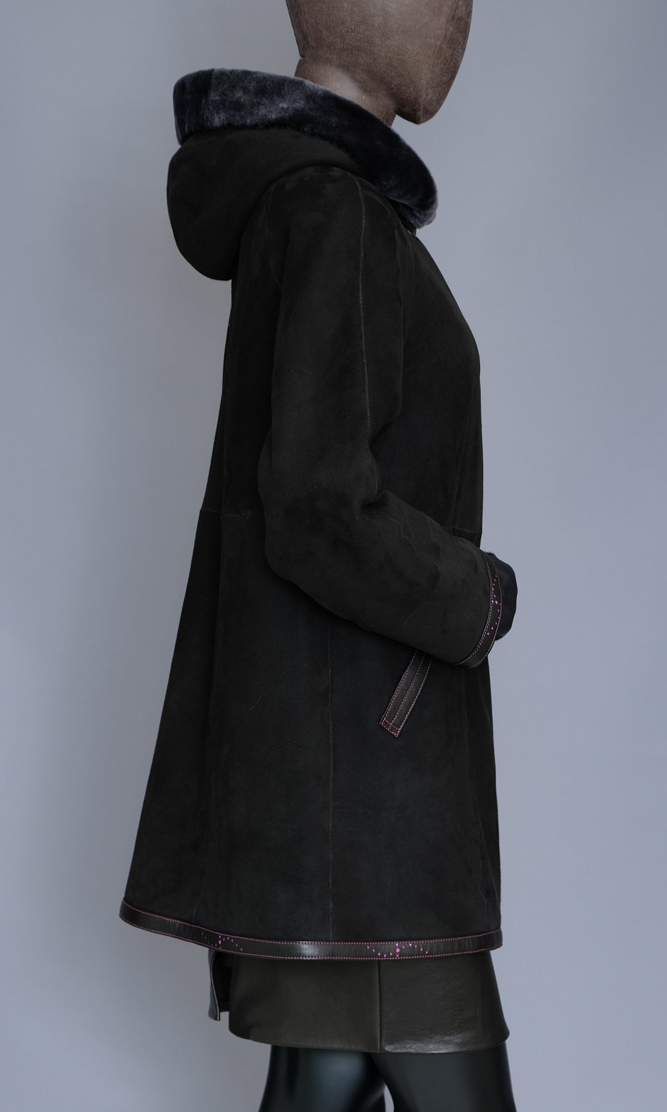 Black Shearling Coat Jacket with Hood
