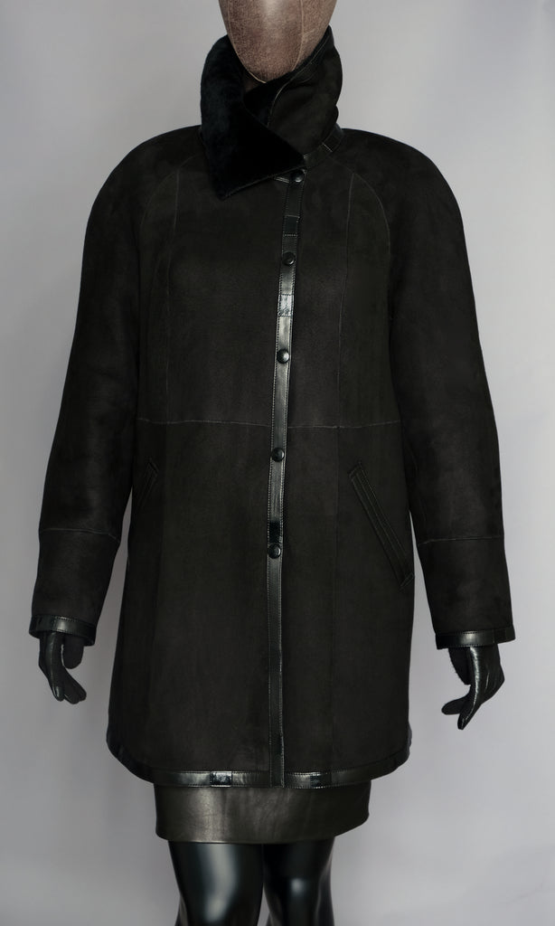 Black suede shearling jacket with Patent leather and lambskin trim size M