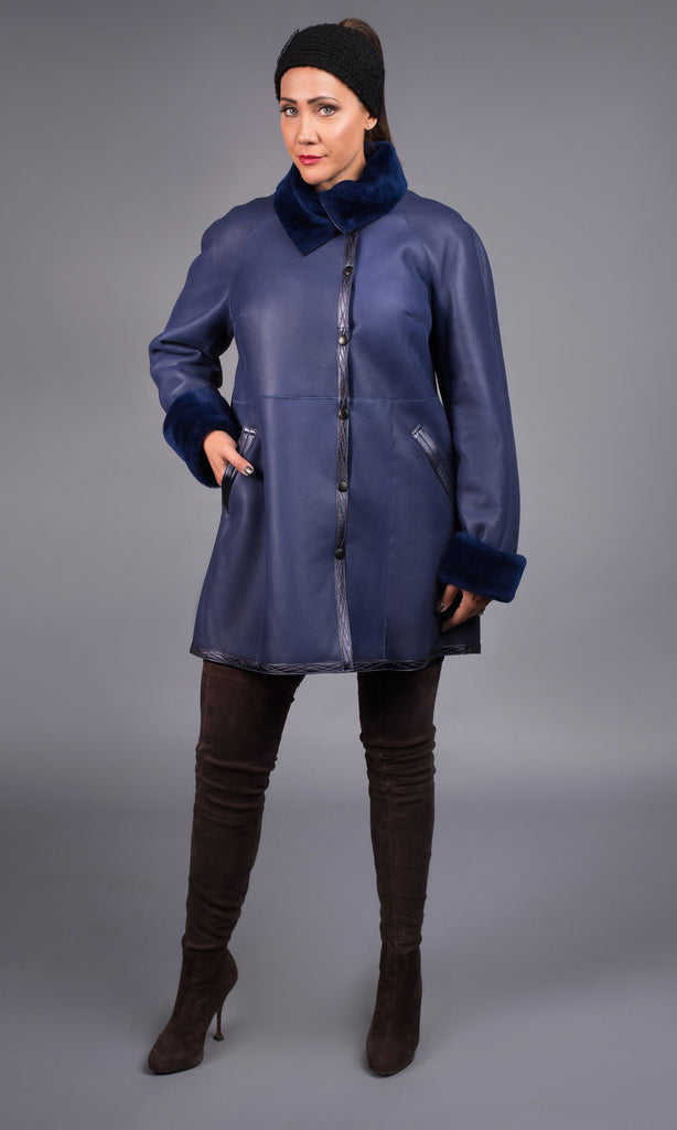 Iris Blue Shearling Leather Jacket size L 12