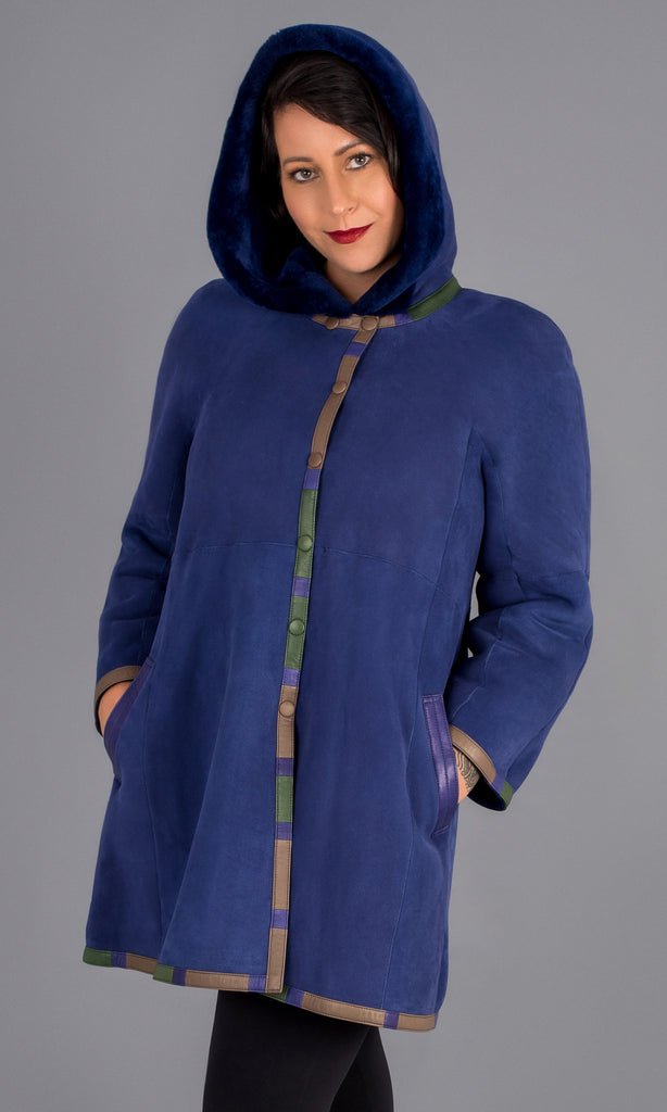Blue Shearling Swing Coat with hood size medium