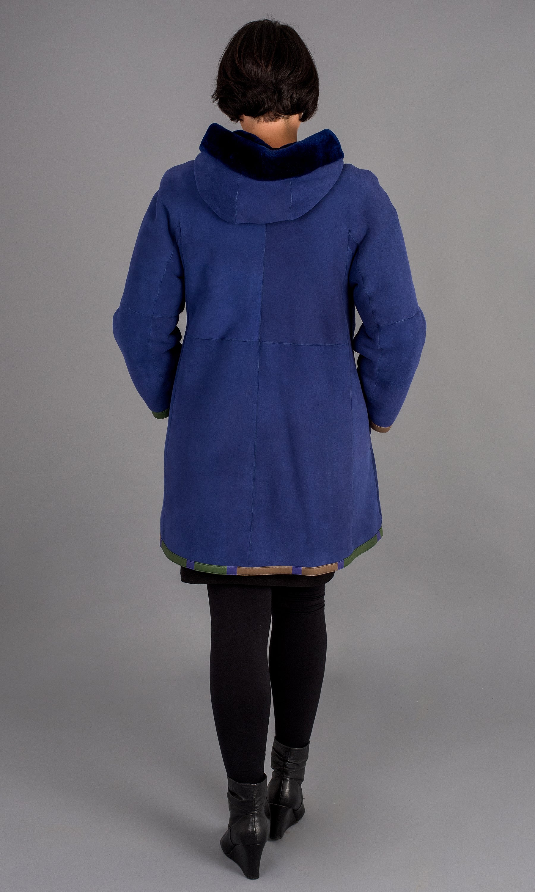 Blue Shearling Swing Coat with hood size medium