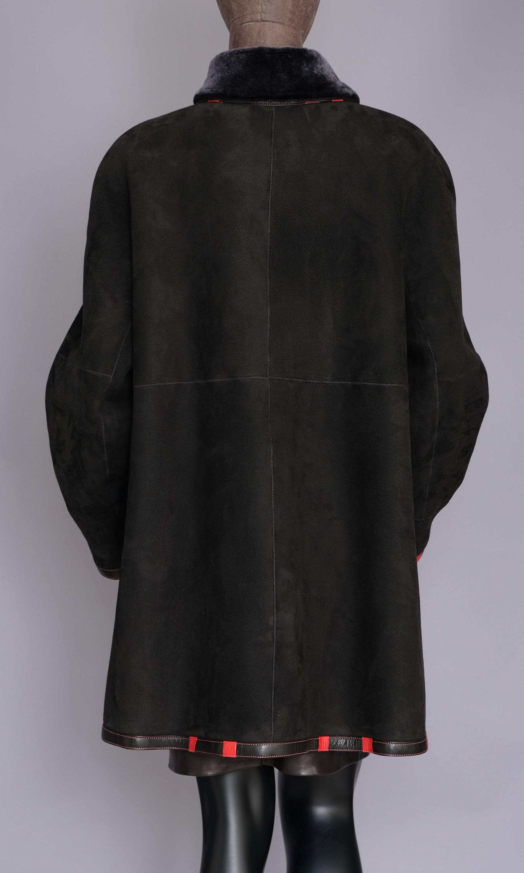 Black Shearling Swing Coat with Red trim size xxl