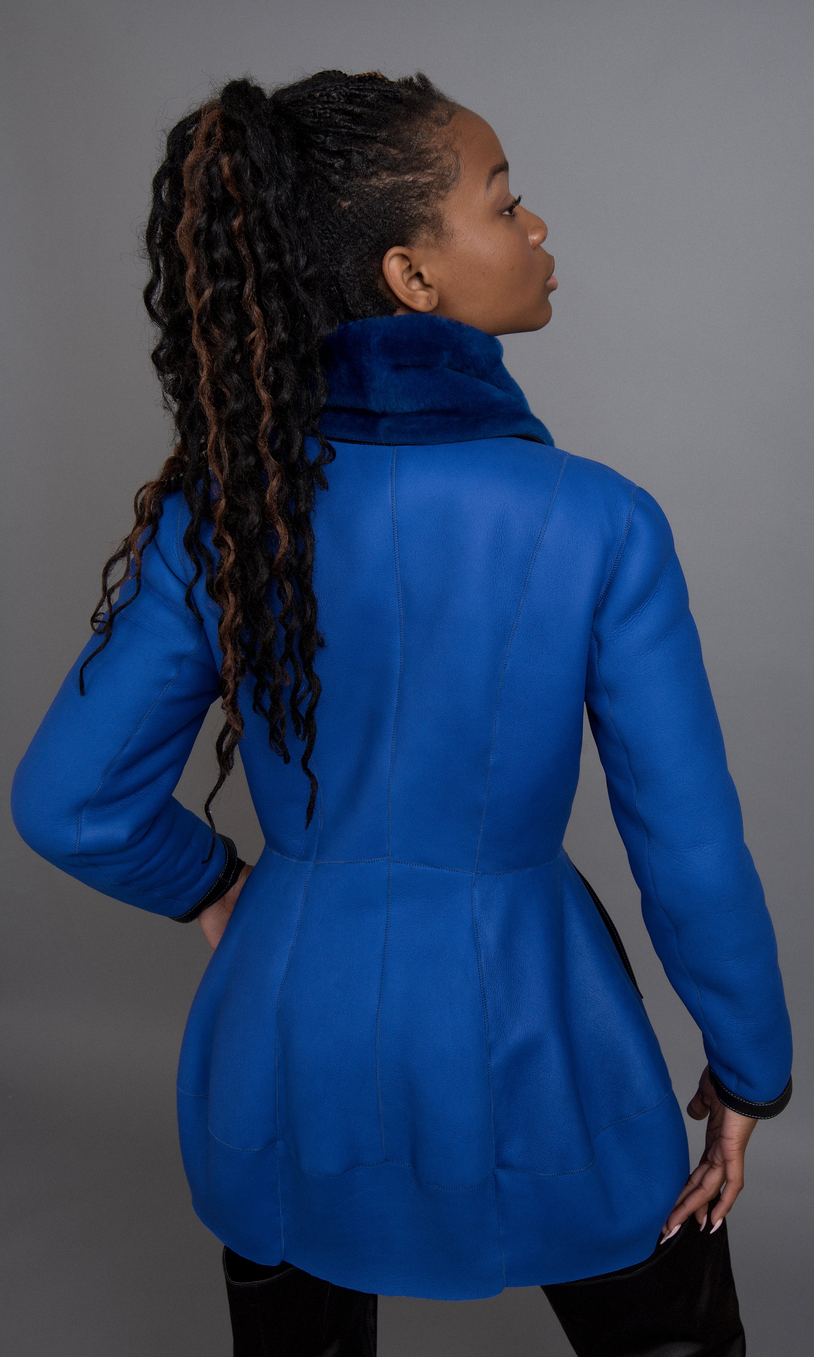 Dazzle Blue Shearling Inverted Peplum Jacket