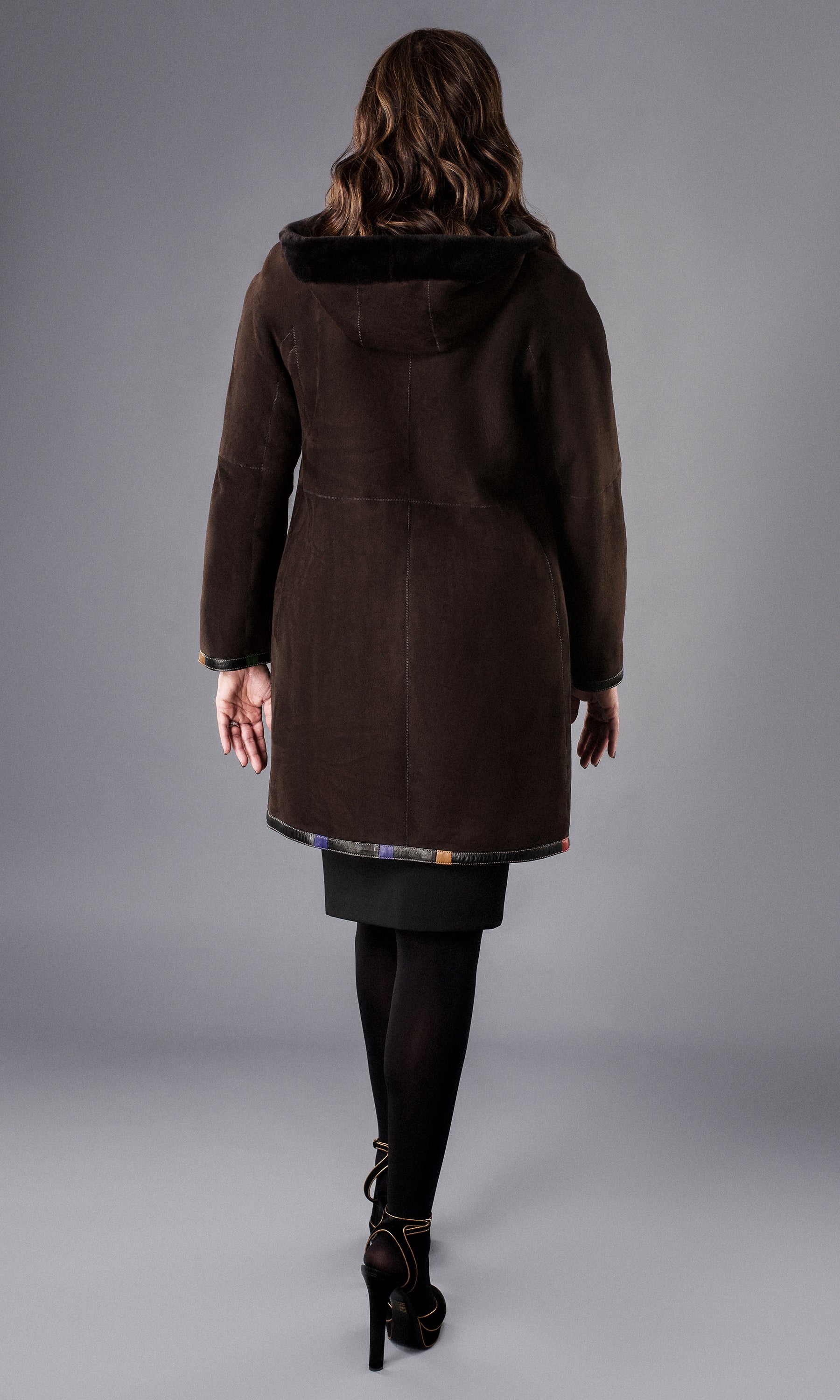 brown shearling full swing coat with hood size medium