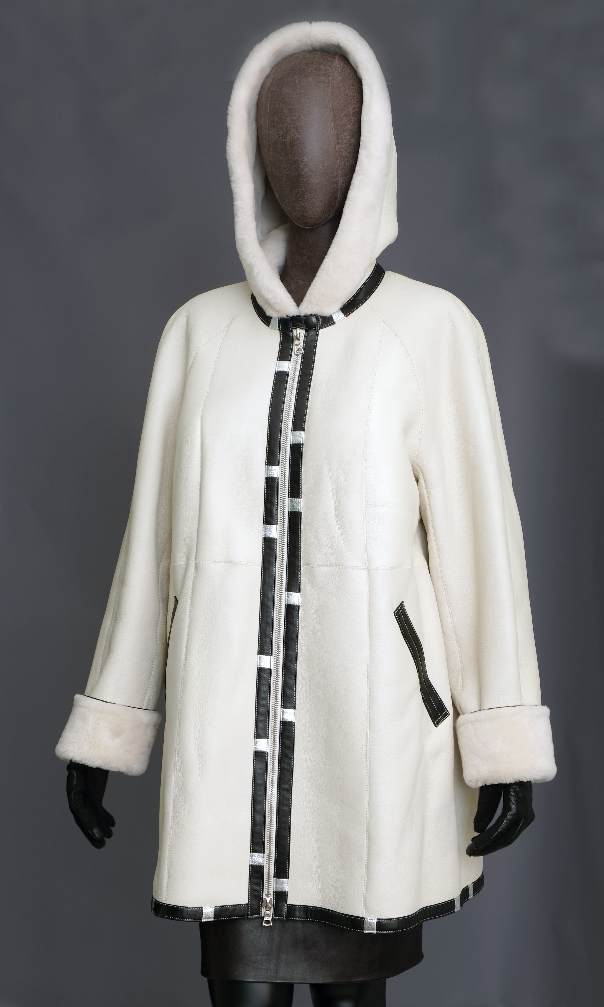 Snow White Classic Shearling Jacket Silver Lambskin Detail